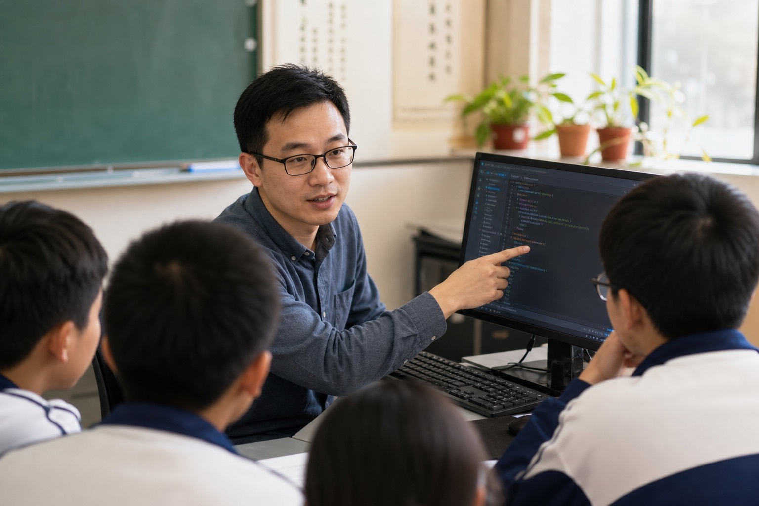 东亚面孔的信技老师对着屏幕对照三份几乎同文的作业