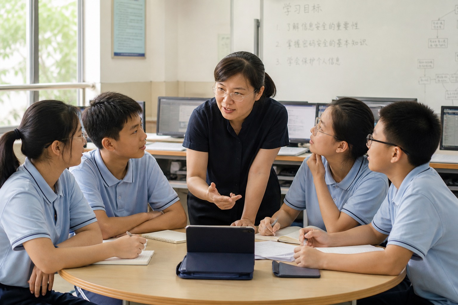 东亚面孔的学生围着讲台讨论作业公约