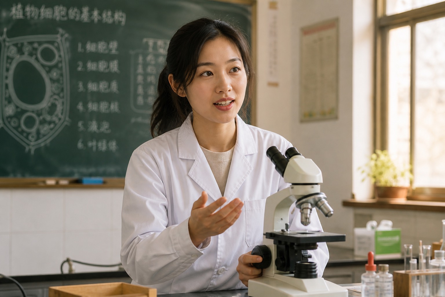 东亚面孔的生物老师在实验台旁低头核对临时装片记录