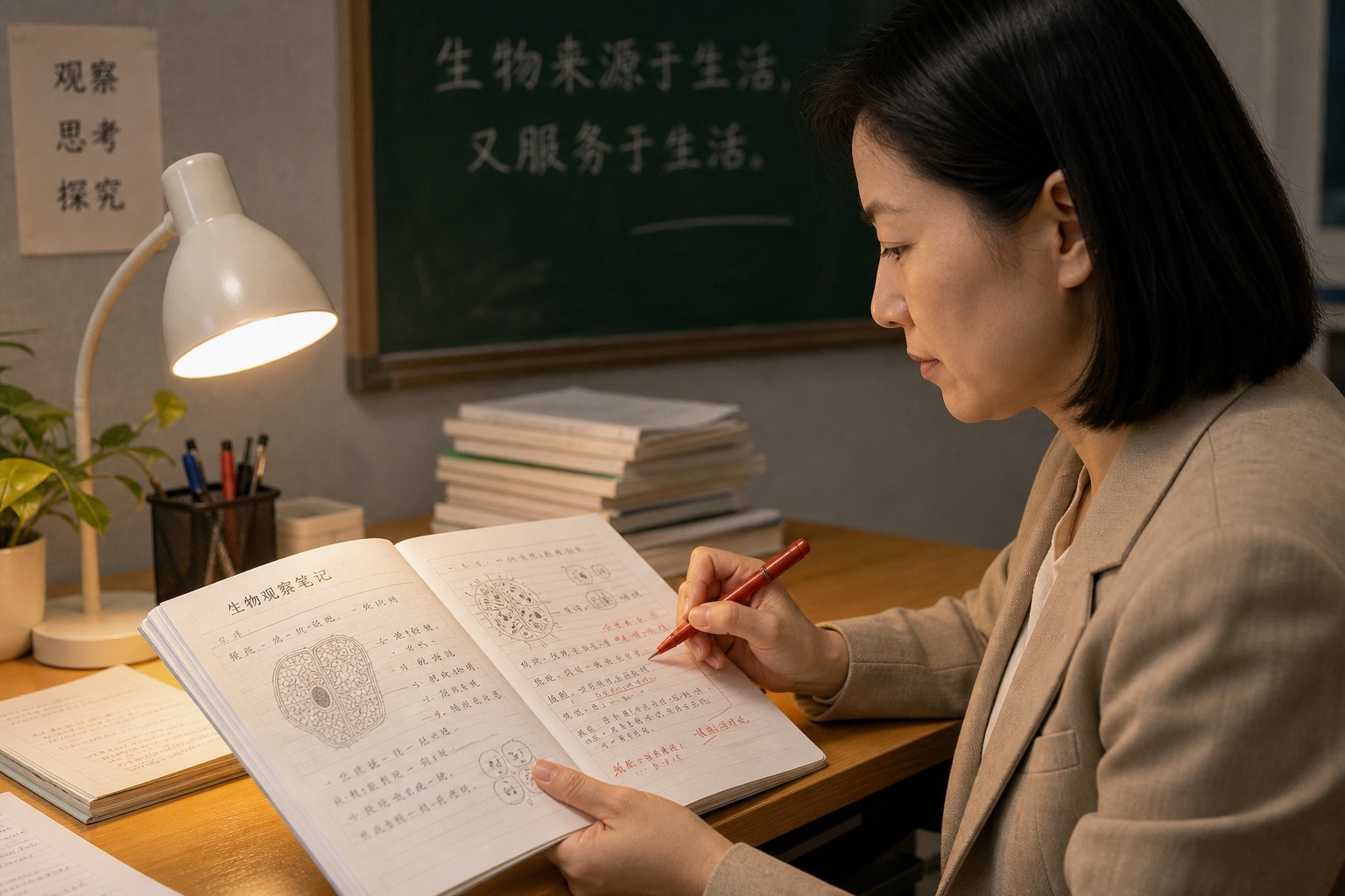 老师侧影批注观察记录本，东亚面孔侧脸低光
