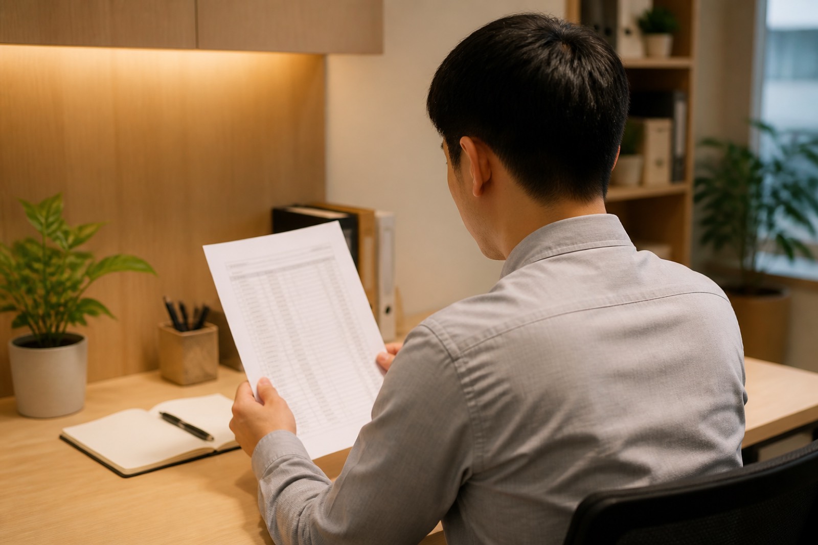 两位 HR 背影对照纸质清单与屏幕