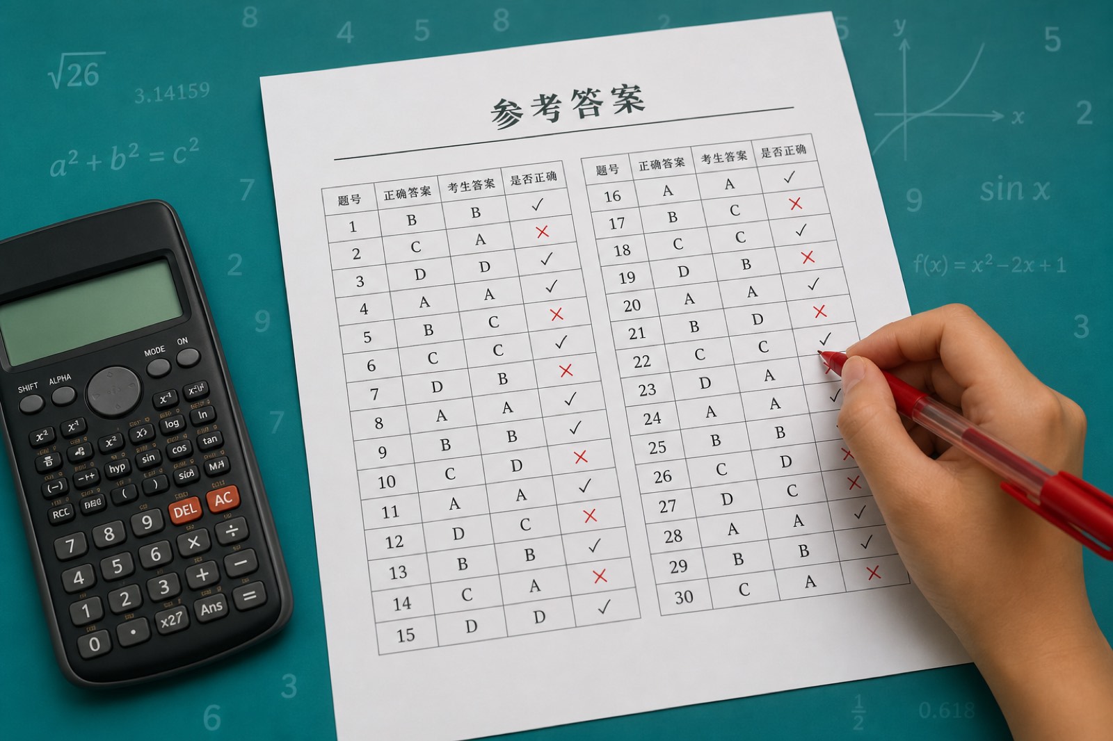 讲评时答案键与试做结果对照