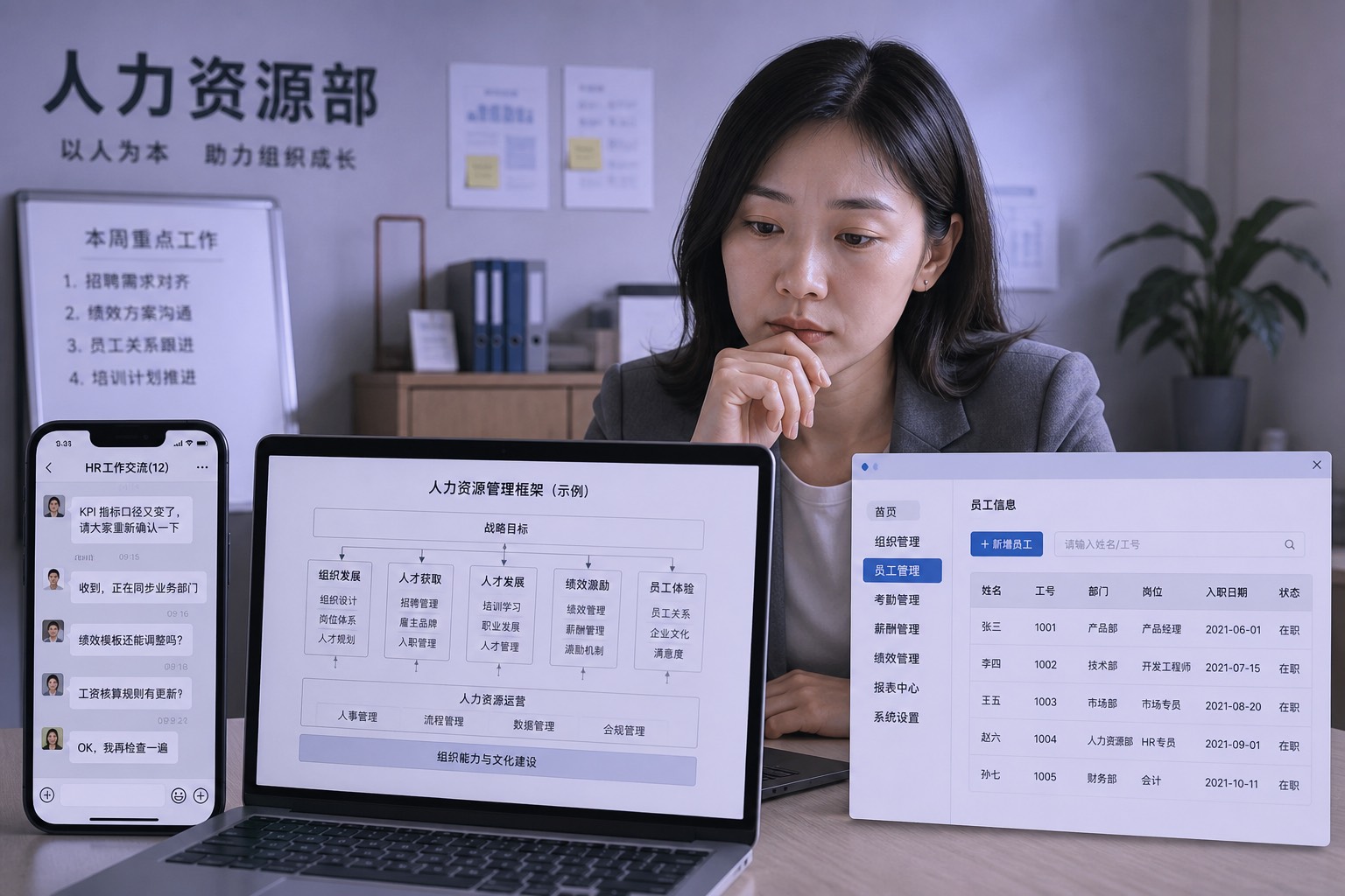 人事群里框架学习焦虑与办公软件截图并列