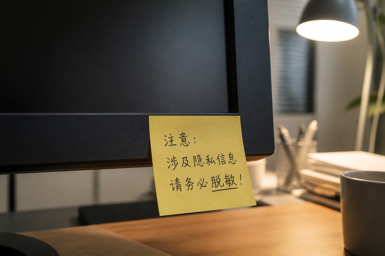 脱敏提醒贴在显示器边框的办公桌