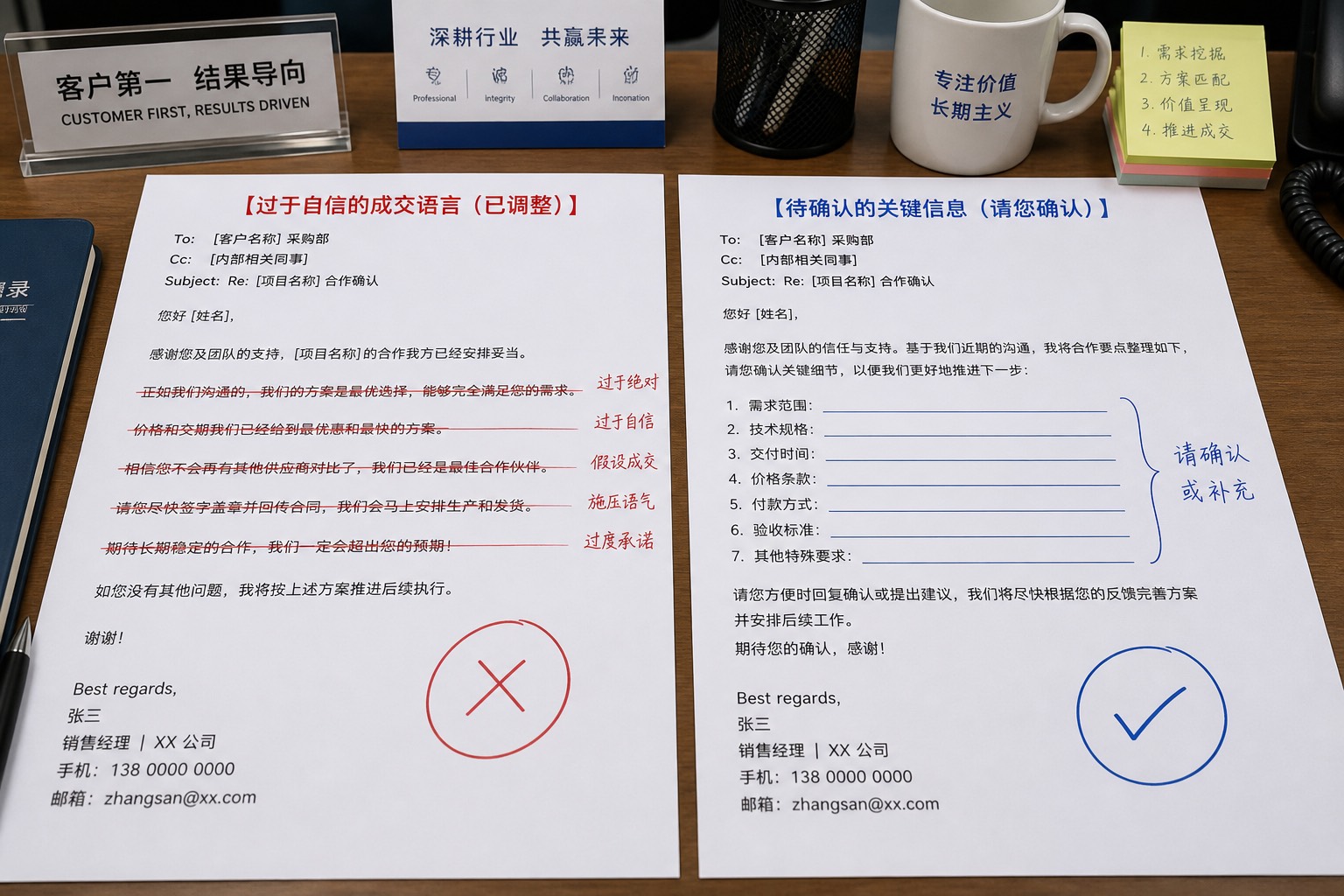 已确认口吻与待确认留空的邮件对照