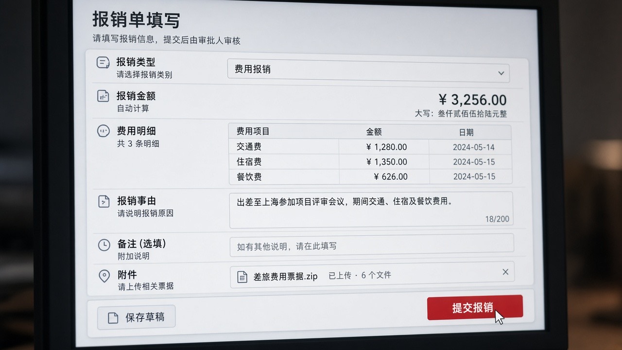 测试环境里AI光标悬停在报销提交按钮上