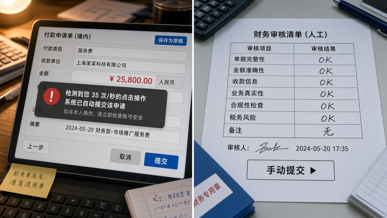 对照：自动连点出错 vs 人工终审提交