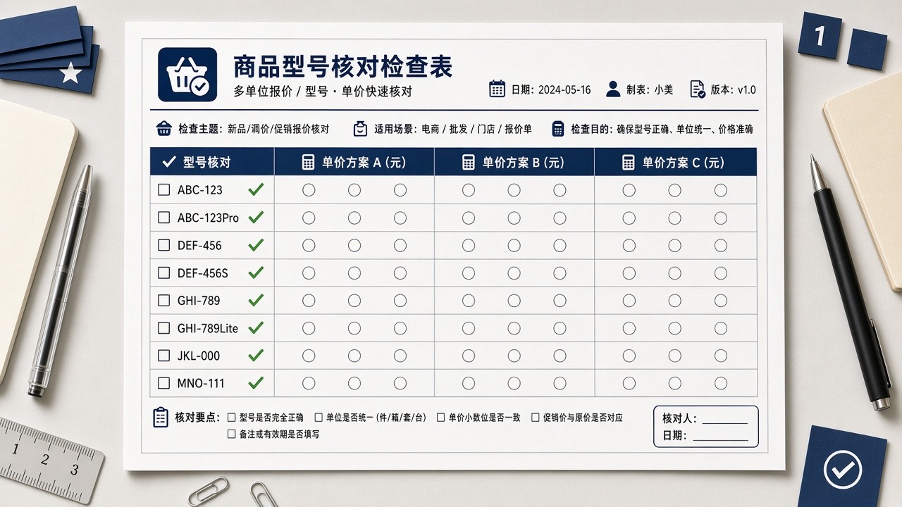 一页清单打印件上勾选模型ID与三列单价
