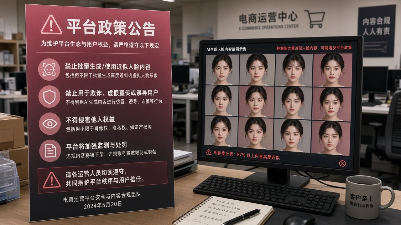 平台治理告示与店铺素材库相似脸对比