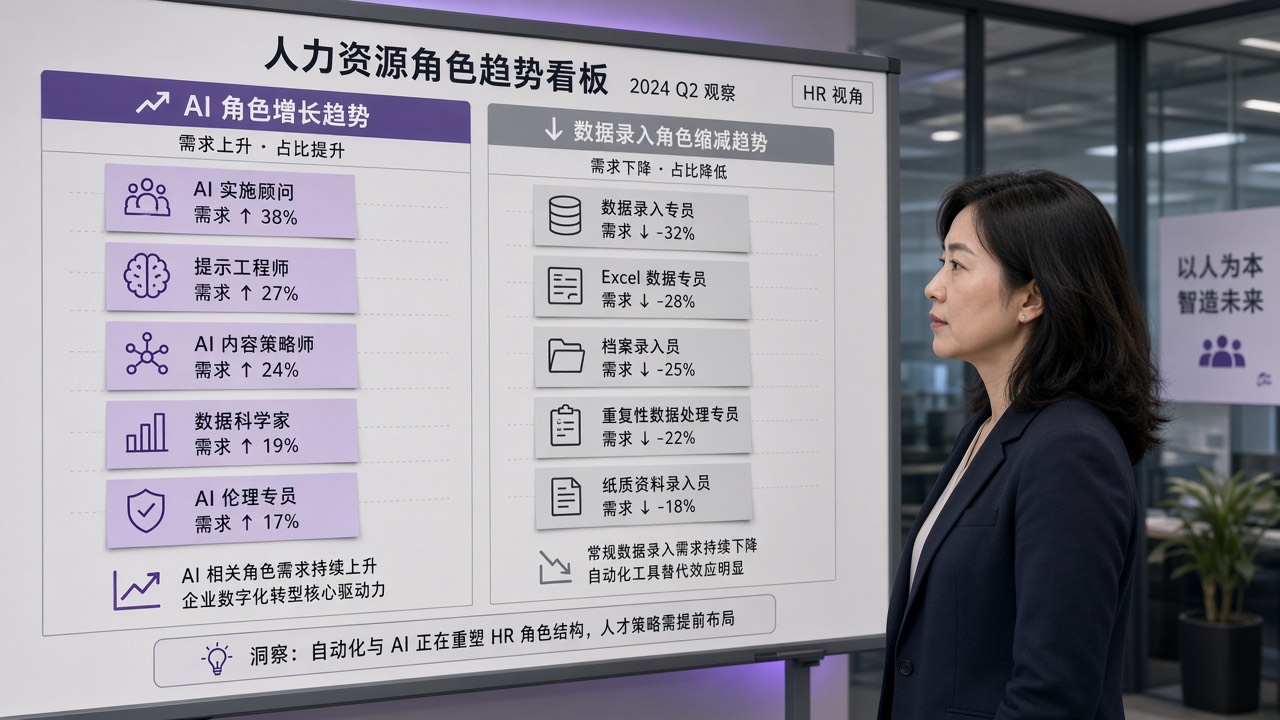 招聘看板分列AI岗与录入岗需求对比