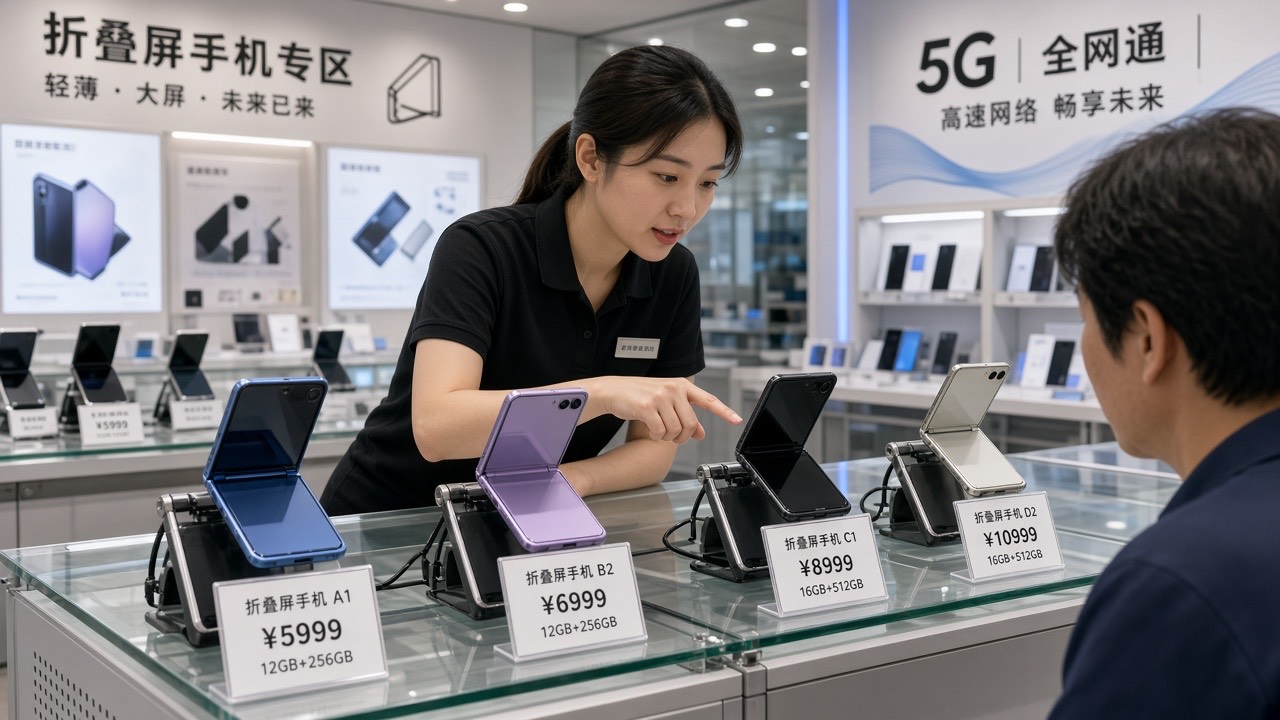 门店柜台上折叠屏新品与价签并排