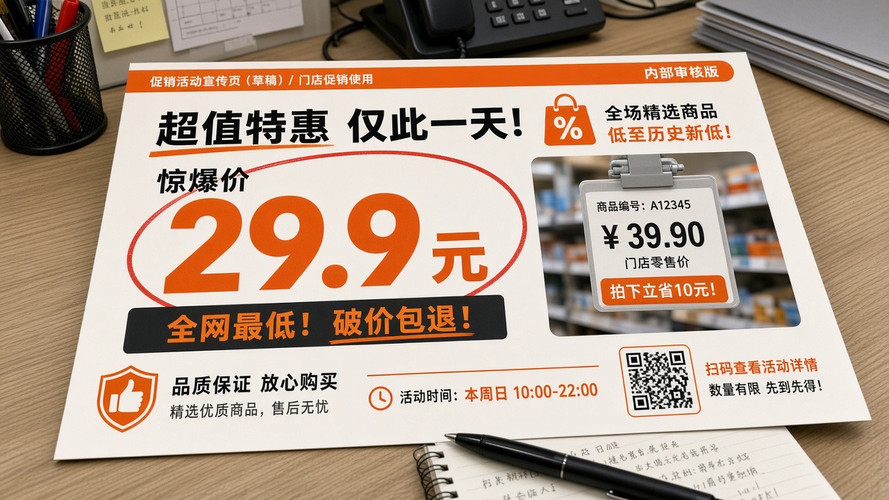 促销海报草稿上圈出史低与价签不符