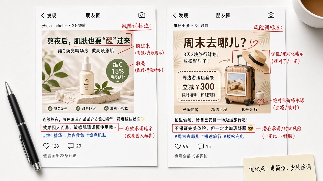 两版朋友圈文案并排标注风险词
