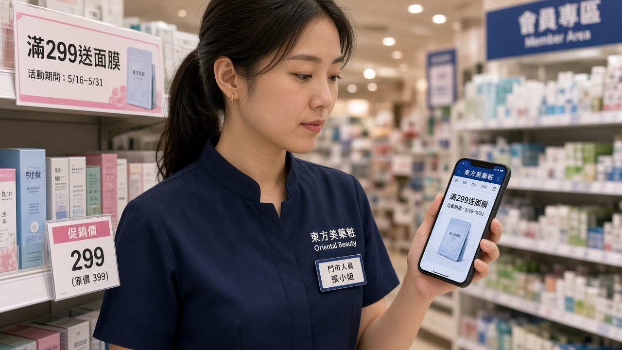 店员用价签与活动页核对促销句