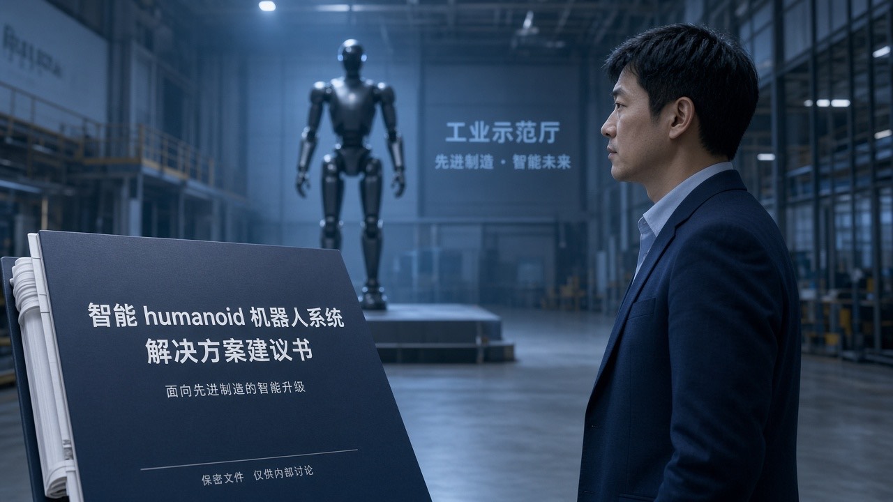 人形机器人演示现场与方案封面并置