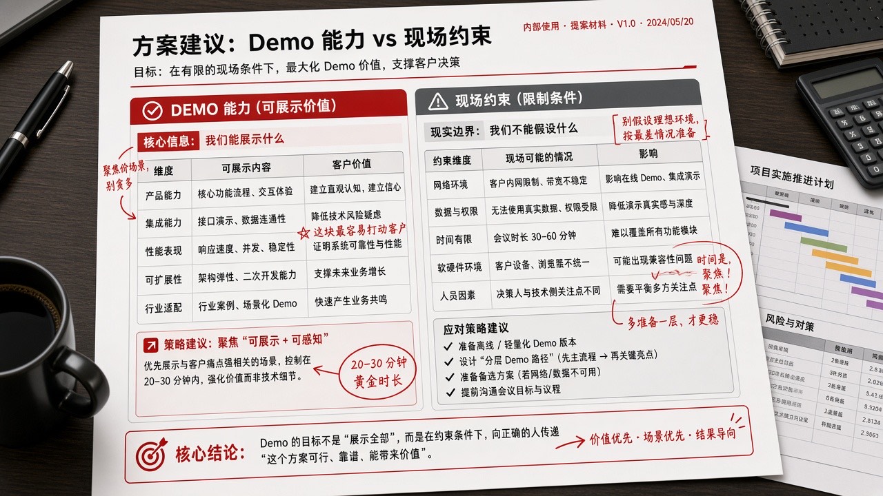 方案两栏:演示能力与现场约束对照