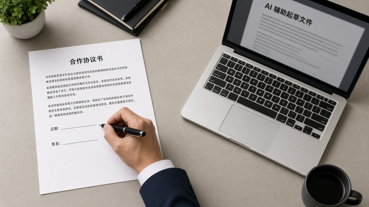 签字栏与AI草稿分两侧的办公桌