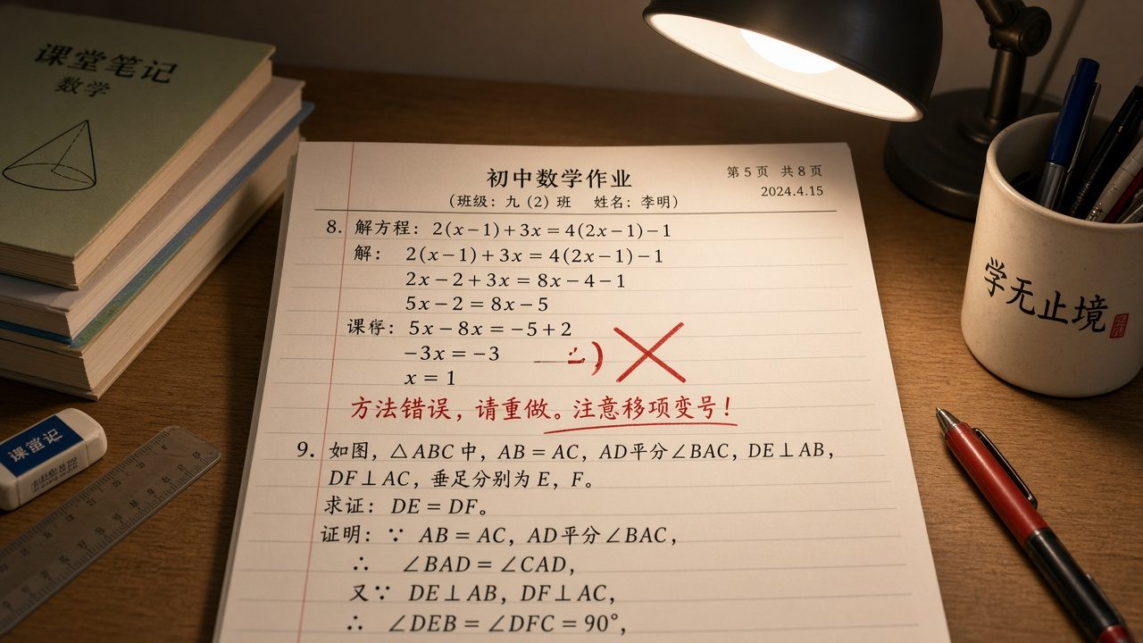 误判步骤缺失的学生本子特写