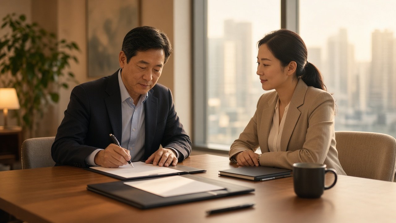 客户在验收条款签字的暖色会议桌