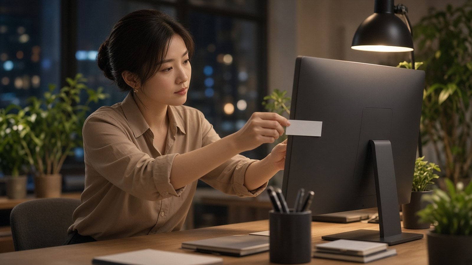 行政在暖光下给公司设备贴资产标签