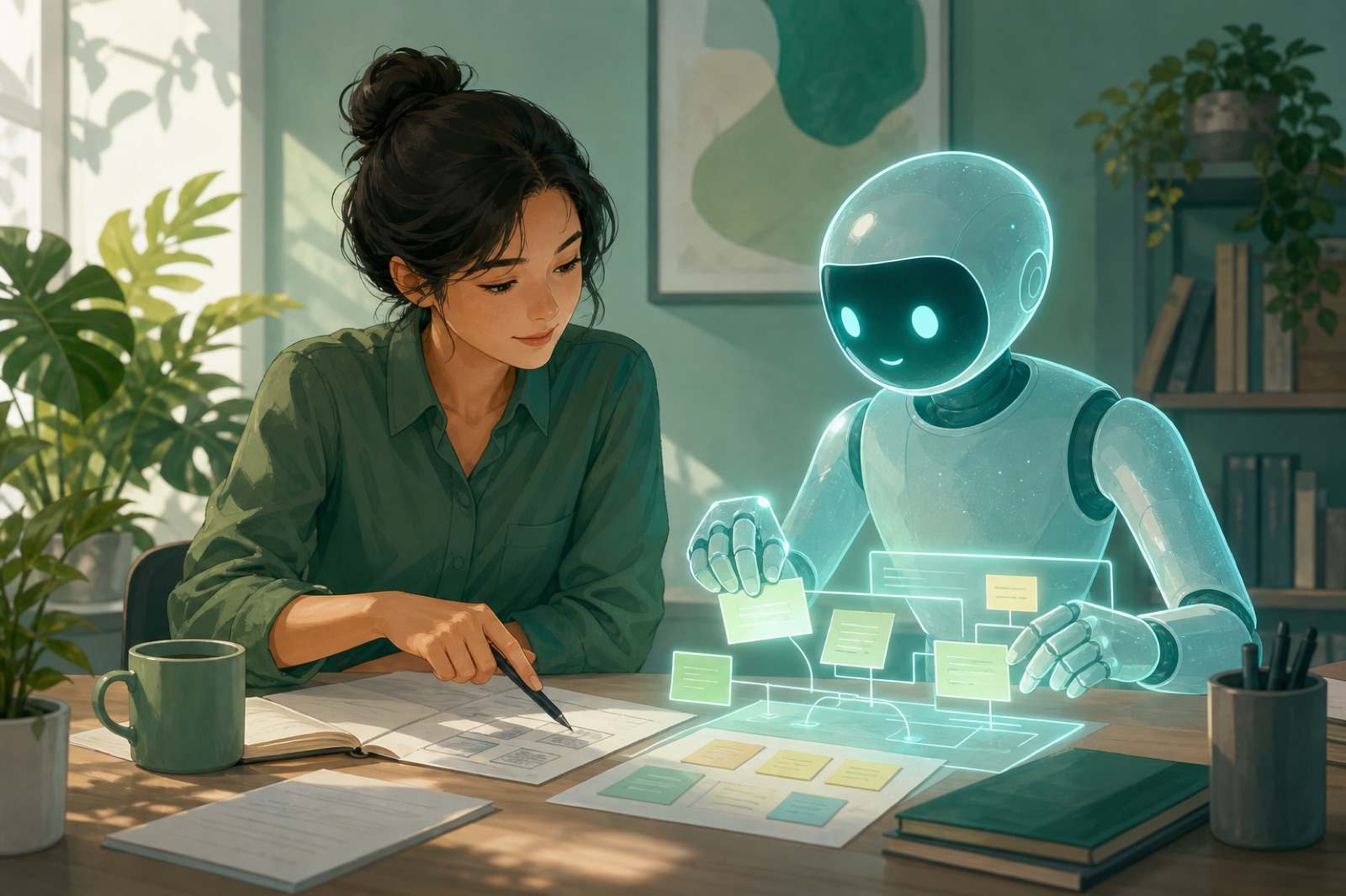人与 AI 协作而非对立示意
